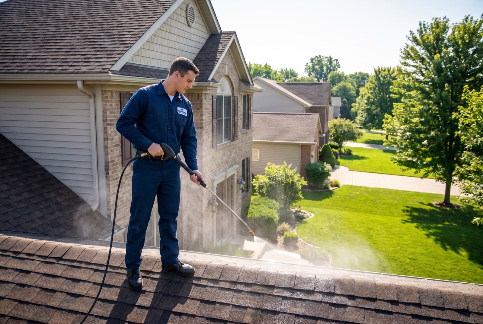 Professional technician soft-washing a suburban roof